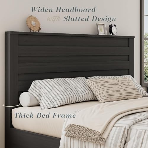 Jocisland King Size Farmhouse Bed Frame with 49" Headboard, Platform Bed Frame with Wood Slats Support/No Box Spring Needed/Easy Assembly, Black