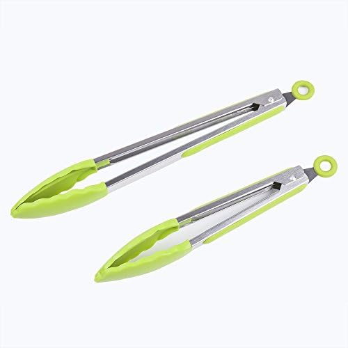 FindNew Kitchen Silicone Tongs Stainless Steel Utility Tong with Rubber Tips and Locking Clip Heat Resistant Multipurpose Outdoor Barbecue Food Clips (Set of 2, Green)