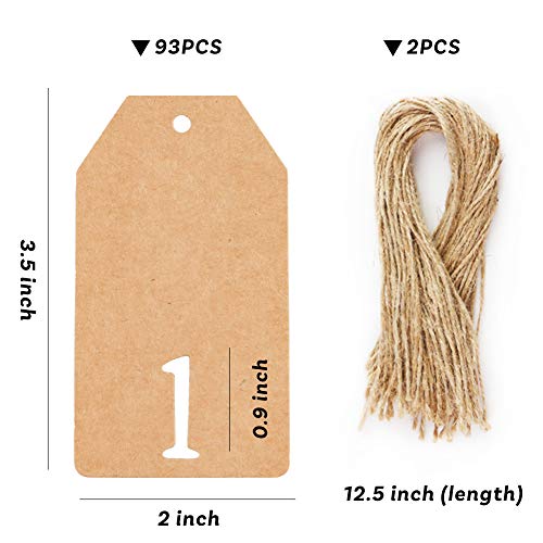 93 PCS Kraft Paper Tags Hanging Number Tags with String for Digital Countdown Ornaments Birthday Wedding Anniversary and Party Decoration