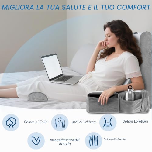 HOMCA Reading Pillow for Bed and Sofa with Removable Neck Pillow and Armrests, Pillows for Reading/Relaxing/Watching TV, with Pocket and Washable Cover (38x47x57cm)
