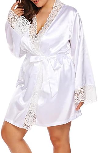 Vpicuo Womens Sexy Slip Nightgown Robe Satin V-Neck 2pcs Set Lace-Trimmed Robe With Chemise,White,18 Plus