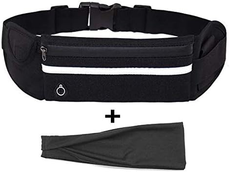 Running Waist Pack with Water Bottles Holder，Close Fitting Fanny Pack with Sport Headband for Men Women Sweatproof Anti-bouncing，Adjustable Hiking Fitness Pouch Sport Belt for 6inch phone (Black)