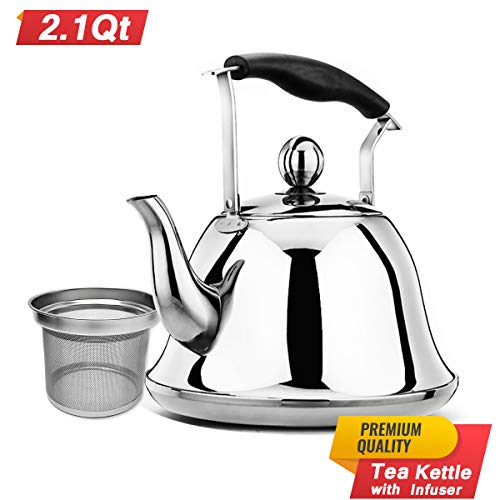 Whistling Tea Kettle Stainless Steel Stovetop Teakettle Sturdy Teapot for Tea Coffee Fast Boiling with Infuser Color silver Mirror Finish 2 Liter / 2.1 Quart (Silver)