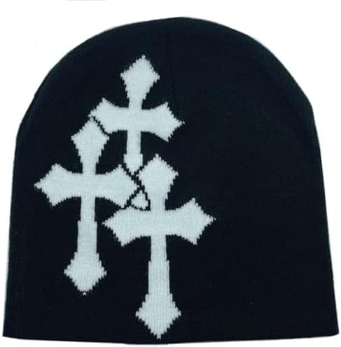 Fashion Knit Beanie with Cross Pattern Y2K Unisex Soft Jacquard