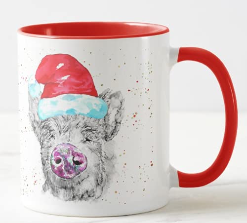 Vixar Christmas Pig Farm Animal Watercolour Rainbow Art Coloured Mug Cup, Gift, Work, Office, Christmas Tea Coffee (Red)