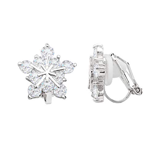 SELOVO Snowflake Cubic Zirconia Clip on Stud Earrings for Women Girls Silver Tone