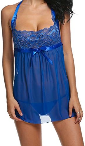 Dawafa Women's Blue Hot Sexy Skirt Sleepwear Dress Plus Size Halter Lingerie With G-string M