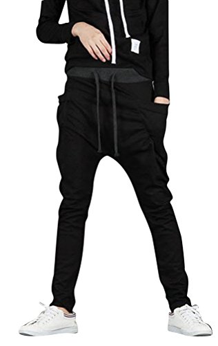 SportsWell Casual Jogging Harem Pants Sweatpants Running Trousers, Black, US L(Tag size XXL)