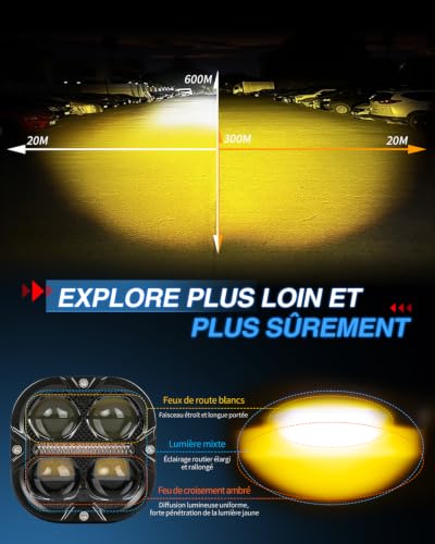 BraveWAY Additional Motorcycle Headlights 3 Inch 130W 14800LM DRL Amber Strobe Function Beam Combin Yellow Covers U-Bracket and Tubular Cable Harness