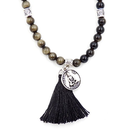 Mala Beads Bracelet, Buddhist Mala Prayer Beads, Buddha Bless Me Statement Necklace (Golden Obsidian)