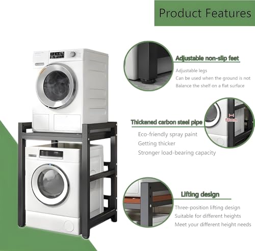 Dryer Stand Height Adjustable, Portable Stacking Kit for Front Loader Washing Machine & Tumble Dryer, Storage Rack Over Washing Machine Storage Unit, 400kg Load Capacity BlackFrame Black