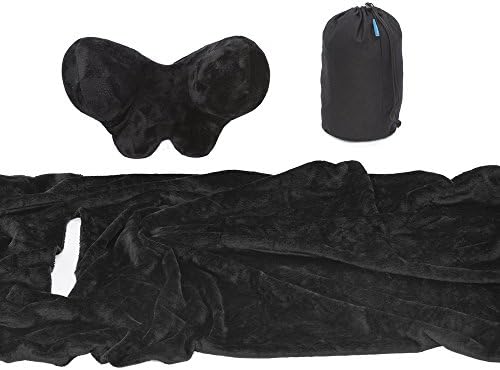 Blankillow, Travel pillow &amp; Blanket combo! Patent Pending Memory Foam Neck Pillow with Separate Flannel Poncho Travel Blanket, Canvas Bag included! (3 separate pieces in one compact bag)