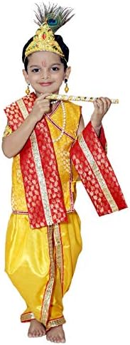 Raj Costume Kids Krishna Brocade Fabric Janmashtami Mythological Character Costume (RJC_Krishna, Yellow, 1.5-2 Years)