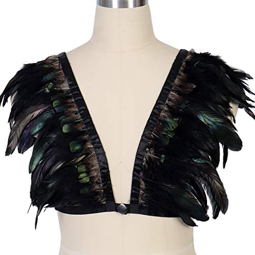Women Feather Harness Caged Bralette Plus Size Punk Gothic Festival Rave Art Clothing (Black) - Thumbnail 4