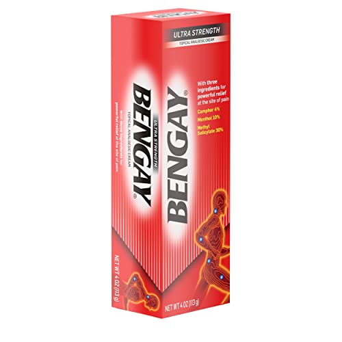 BENGAY ULTRA STRENGTH TOPICAL PAIN RELIEF CREAM, NON-GREASY TOPICAL ANALGESIC FOR MINOR ARTHRITIS, MUSCLE, JOINT AND BACK PAIN, CAMPHOR, MENTHOL AND METHYL SALICYLATE, 4 OZ