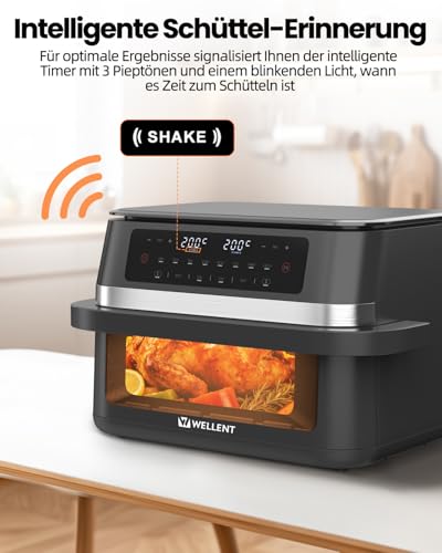 WELLENT 12L Dual Zone Airfryer XXL - 2950W Hot Air Fryer 2 Chambers (6+6L) - Hot Air Fryer Double Chamber with Viewing Window, Match & Sync Function, Shake Reminder, Dishwasher Safe
