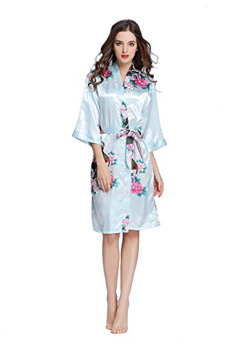 Amzchoice Women's Short Sleeve Kimono Robe Peacock & Blossoms For Spa, Wedding Bridal and Bridesmaid (S, SkyBlue) - Thumbnail 5