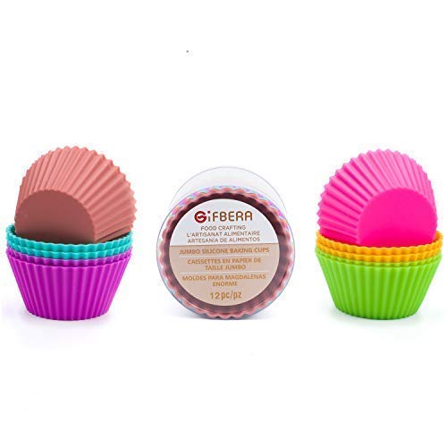 Gifbera Large Reusable Silicone Cupcake Baking Cups Jumbo Muffin Molds, 6 Colors, Pack of 12