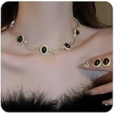 Jumwrit Dainty Golden Layered Chain Choker Necklace Shiny Geometry Oval Black Gemstone Earrings Vintage Necklace Earrings Set Accessories for Women