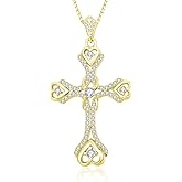 AulanRose Cross Necklace for Women,Anniversary Christmas Birthday Gifts for Wife,14K /18K White Gold Dainty Heart Necklaces Womens Christian Baptism Faith Jewelry with Diamond Birthstone Pendant