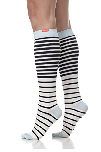 VIM & VIGR Women's 15-20 mmHg Compression Socks: Falling Stripe - Cloud & Sky (Nylon) (Medium)