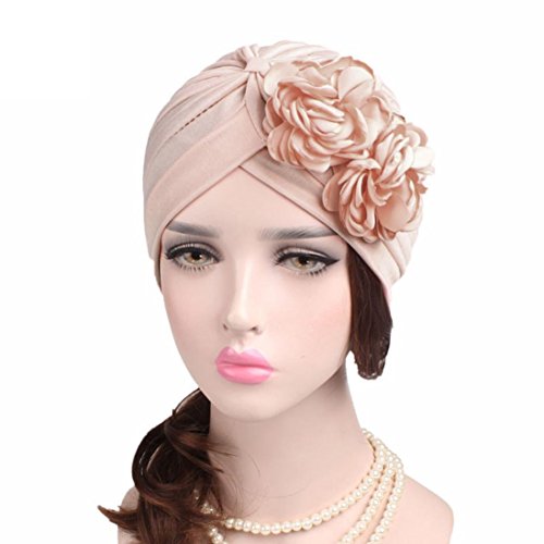 QingFan Women Muslim Solid Flowers Cancer Chemo Hat Turban Headbands Hair Loss Wrap Cap (Beige)