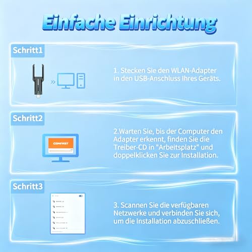 COMFAST WLAN Stick USB WLAN Adapter 5400 Mbit/s WiFi6 Tri-Band USB 3.0 WiFi Dongle with High-Gain Dual Antennas, OFDMA/MU-MIMO, WPA3, for Win10/11, Driverless, Quick Installation