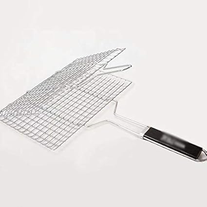 Portable Folding 100% 430 Edelstahl BBQ Grillkorb für Fisch, Gemüse, Steak, Garnelen mit abnehmbarem Holzgriff,