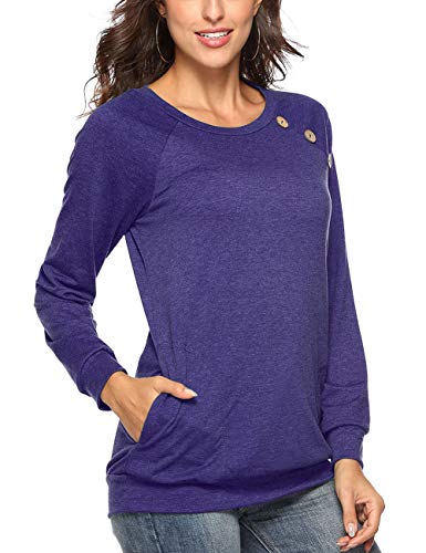 Womens Button Long Sleeve Tops Casual Blouses T-Shirt Round Neck Pockets Top Purple L