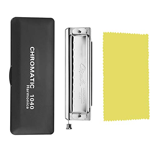 Chromatic Harmonica 10 Holes 40 Tone in C Key Stainless Steel Chromatics Harmonica with Hard Beautiful Case for Professional Player, Mouth Organ Harp Silver Best Music Gift for Beginner Student
