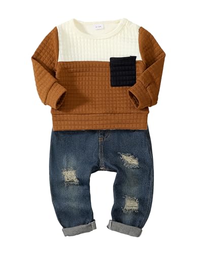 NZRVAWS Toddler Baby Boy Clothes Pullover Sweater Ripped Jean Sweatsuit Little Boy Outfit Fall Winter Clothing Set 6M-7T