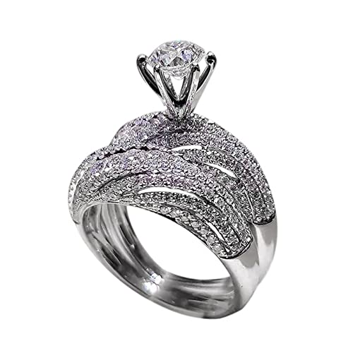 Women's Silver-Tone Simulated Diamond Ring Set, Multi-layer Openwork Carved Rings Inlaid Zircon Sparkling Round Stone Rings Jewelry for Women Suitable for Engagement,Party, Daily Wear