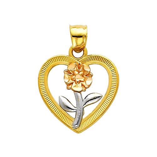 Wellingsale 14k Tri 3 Color Gold Polished Flower in Heart Charm Pendant with 1.5mm Valentino