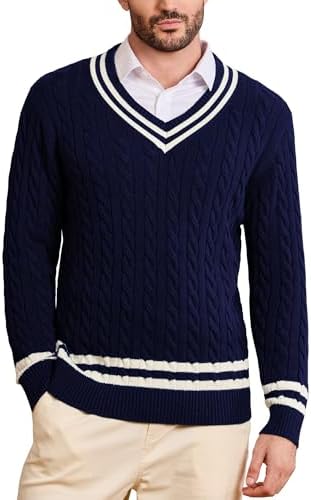Brooks Brothers Men's Cotton Cable V-Neck Tennis Sweater, Ivory, X
