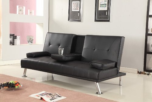 Cinema Style Futon Sofabed With Drinks Table Sofa Bed Faux Leather in Black by Comfy Living
