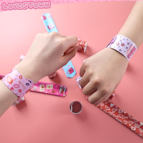 LovesTown 48PCS Valentines Day Slap Bracelets, Red Slap Wristbands Assorted Valentine Snap Bracelets for Kids Gift Exchange Valentine Party Favors