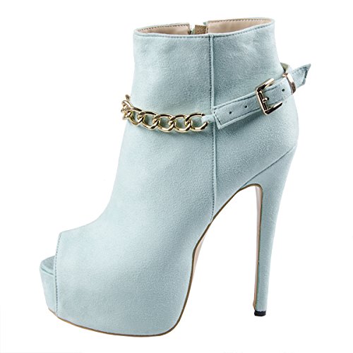 FootGift Women's Fashion High Heel Ankle Boots Zipper Closure Gold Chain Decorations Party Shoes Light Blue US 9
