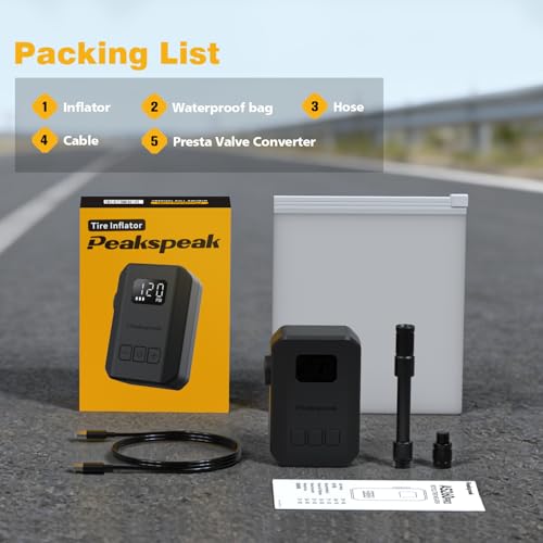Peakspeak Mini Electric Bike Pump AS260PRO, 120PSI Portable Bicycle Pump with Gauge & Auto Stop, USB-C Rechargeable, Precision Inflation for Presta/Schrader Valves, Road Bike, MTB & Motorcycle