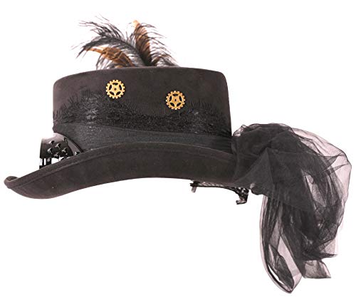 Narwhal Novelties Deluxe Halloween Costume Hat; Black, Velvet 4.5" Steampunk Hat with Removable Steampunk Goggles Attached Feather, Gears