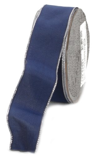 Ampelco Ribbon Company Silver Wired 27-Yard Taffeta Ribbon, 1.5-Inch, Navy Blue