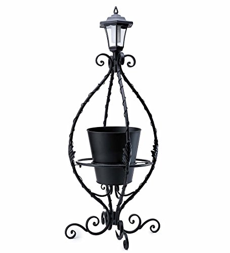 Outdoor Wrought Iron Solar Metal Plant Stand with Traditional Style Lantern Light 17.75 Dia. x 39.75 H