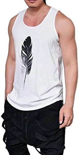Fashion Mens Vest Shirt, Fitted Muscle Cut Workout Sleeveless Feathers Printed Muscle Tank Top Shirts Gym Bodybuilding Tops (L, White)