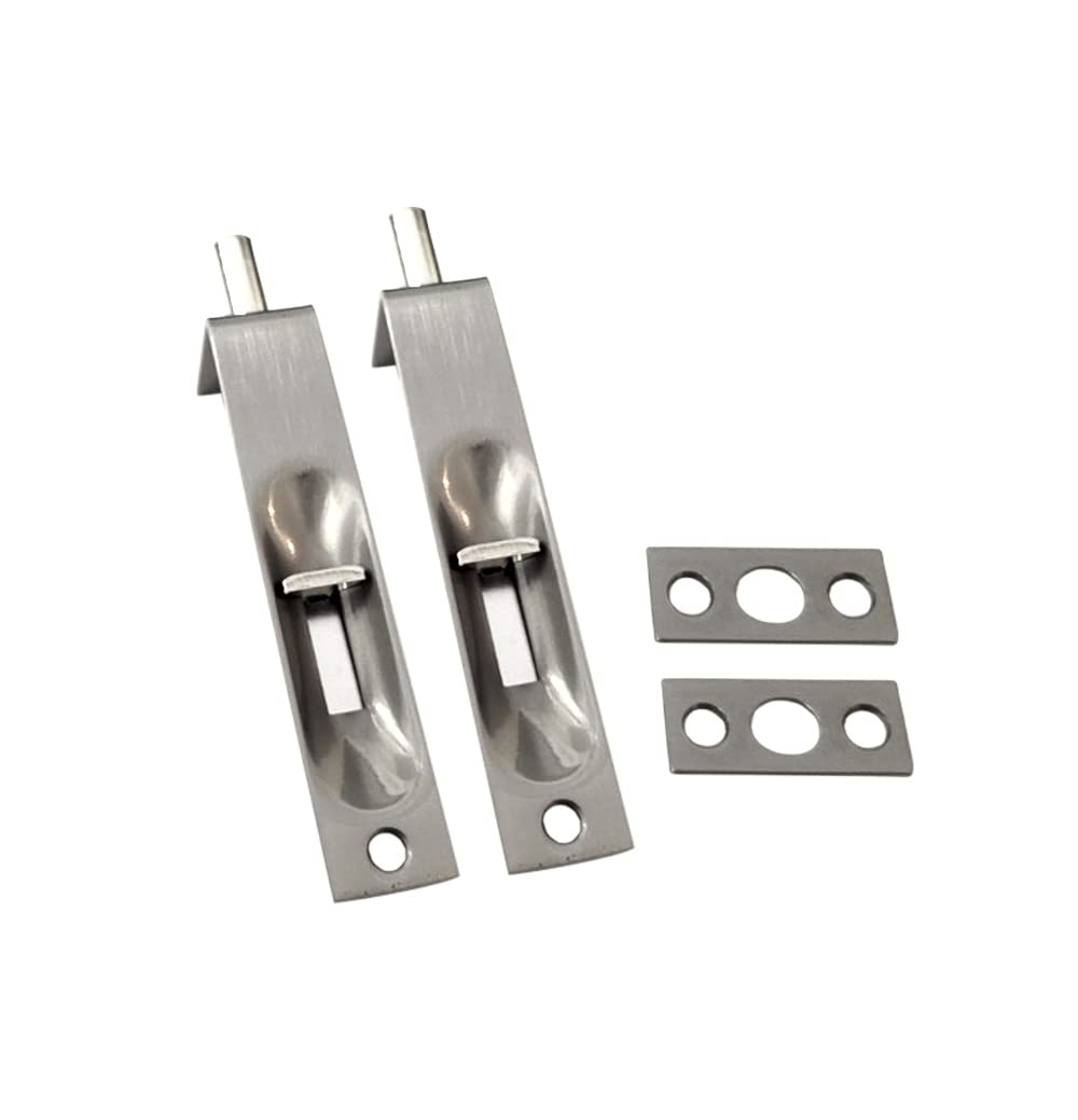 QCAA Solid Brass Door Flush Bolt, 4", with Square End, Brushed Nickel, 2 Pack, Made in Taiwan