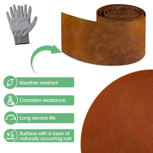 Vehipa Garten Rasenkante aus Cortenstahl 10 m x 14 cm Cortenstahl Rasenkante für DIY-Rasen, Rasenkantenband mit Rost inklusive 1 Paar Handschuhe, Rasenkanten Corten-Stahl Beeteinfassung für Garten