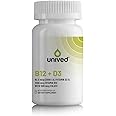 Unived Vegan B12 + D3, B12 (1500mcg Methylcobalamin), D3 (2500IU, Lichen), B9 (500mcg 5-MTHF) & Moringa, Immune Bone & Heart, Energy & Metabolism, 60c