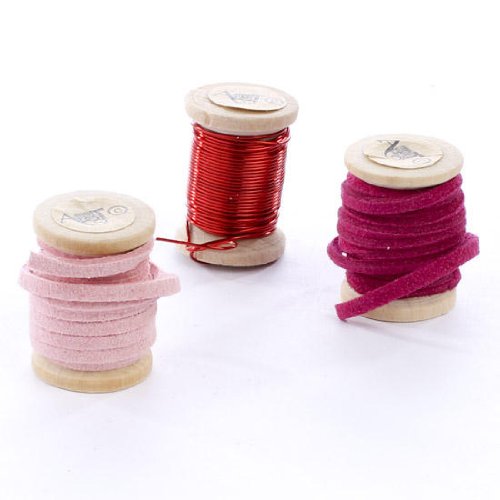 Set of 12 Assorted Miniature Spools of Red and Pink Wire, Soft Cord and Yarn for Crafting, Creating, and Embellishing