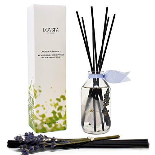 LOVSPA Lavender De Provence Essential Oil Reed Diffuser and Sticks Set - Calming Aromatherapy for Stress Relief and Relaxation - Real Lavender Stems and Hydrangea Flowers - Made in The USA