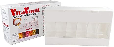 VitaVault Pill and Vitamin Organizer and Dispenser for Daily Management of Pills and Supplements - 6 Compartment (White)