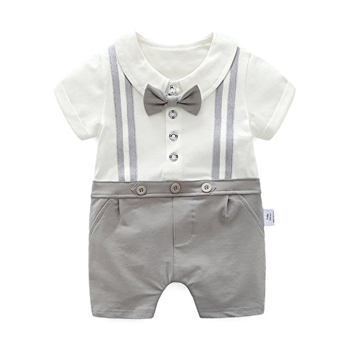Ding Dong Baby Boy Summer Cotton Gentleman Bowtie Romper(Grey, 9-12M)