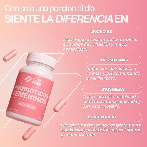 SIMPLY HER Probioticos Mujer | Flora Intima & pH Balanceado | 30 días de Suministro | Bienestar Femenino | Probioticos Femeninos + fibras Prebioticos y Enzimas Digestivas